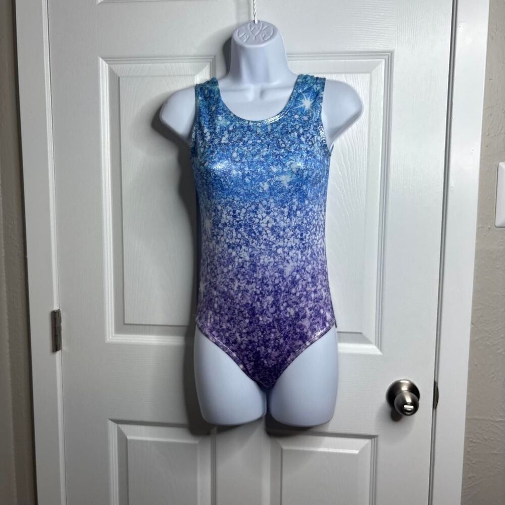 NWOT Girls XL Blue Purple Glitter Print Leotard & Sparkle Shorts Dance Gym Set - Picture 2 of 5